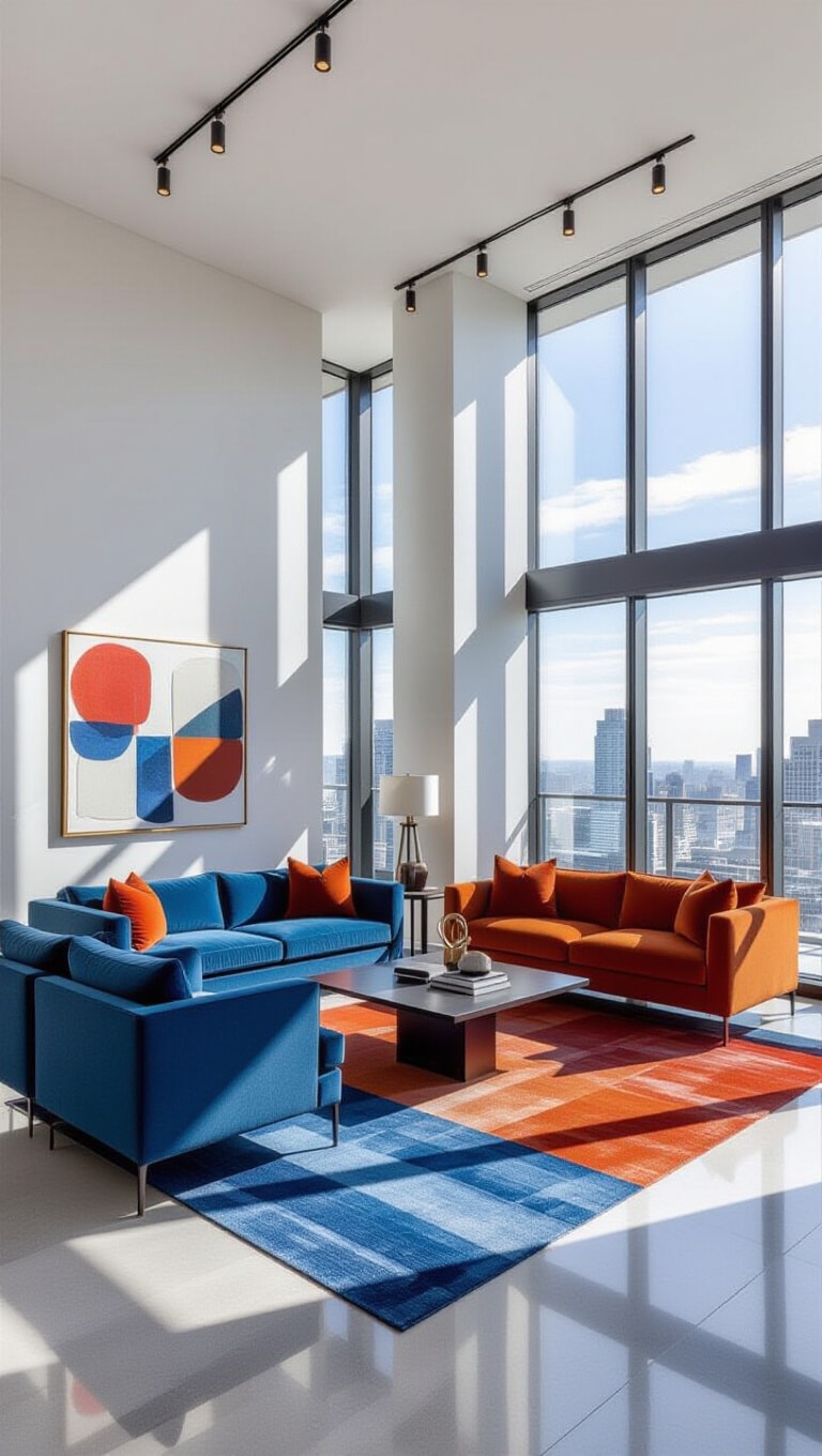 Urban Chic Blue and Rust High-Rise Living Room