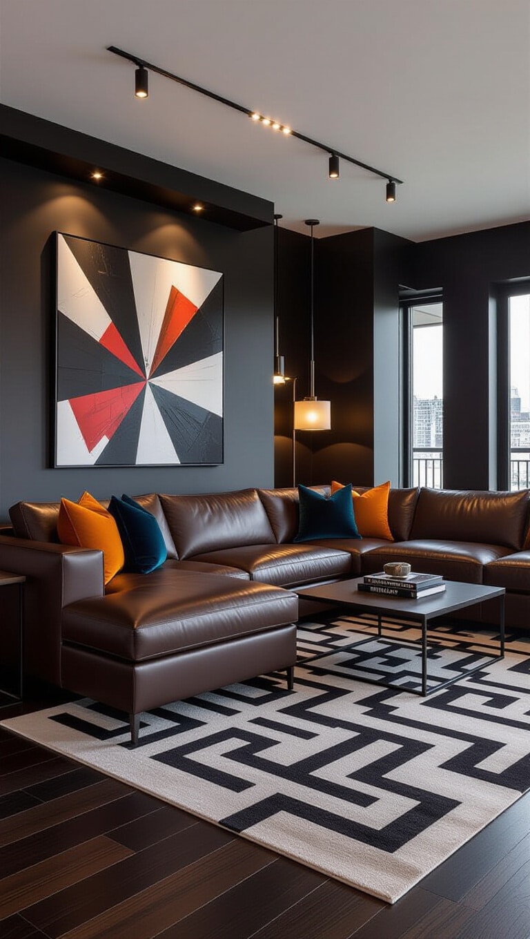 Urban Chic Brown Leather Sectional with Bold Contrast