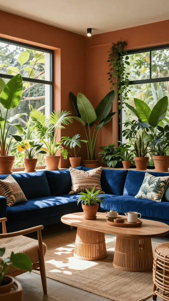 Urban Jungle Blue and Terracotta Living Room