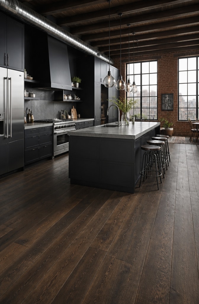 Urban Loft Kitchen with Dark Brown Flooring