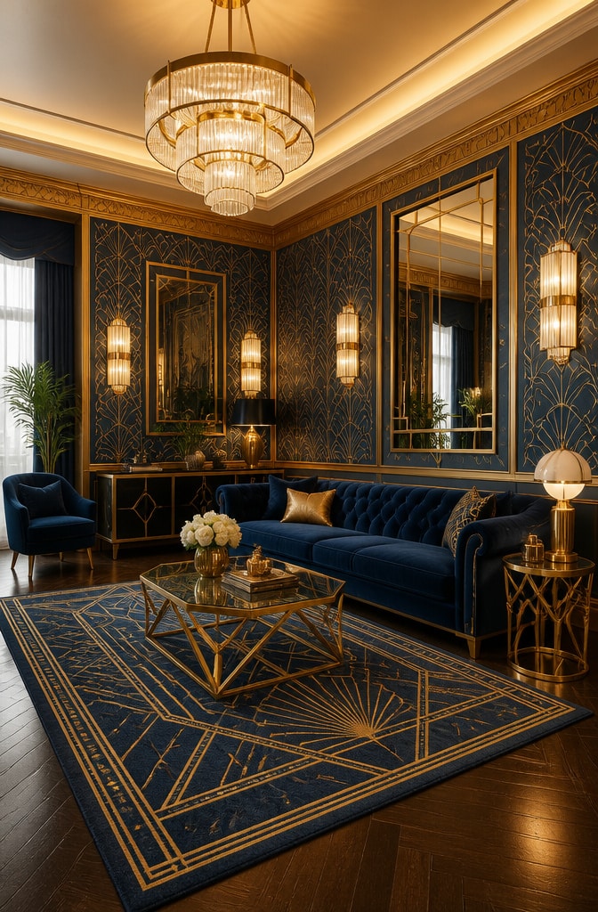 Vintage Art Deco Blue and Gold Living Room