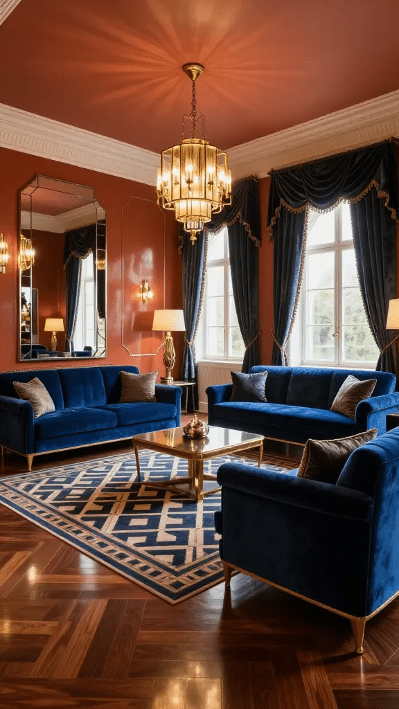 Vintage Art Deco Blue and Terracotta Living Room