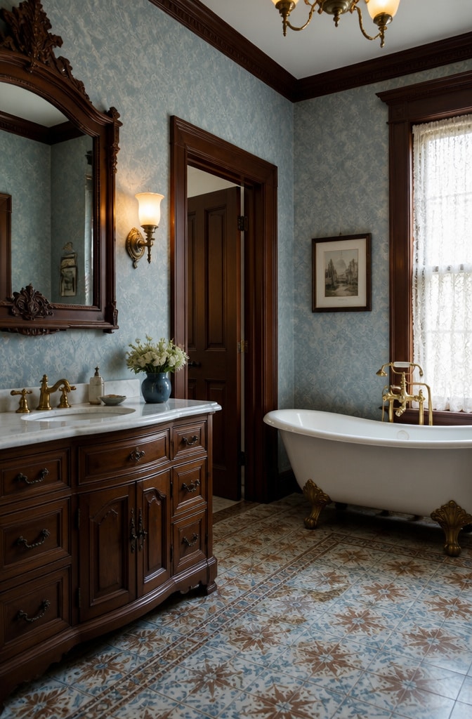 Vintage Blue and Brown Victorian Bathroom