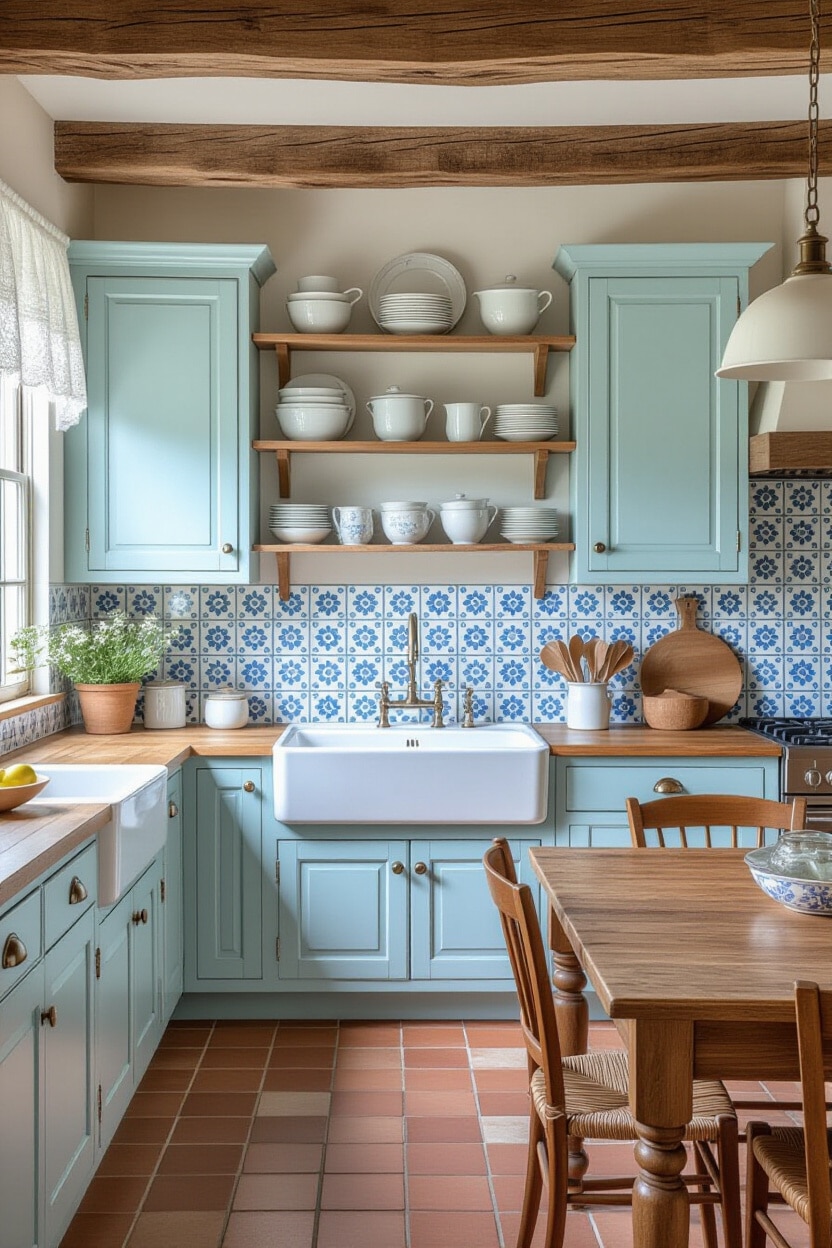 Vintage Blue French Country Kitchen with Open Shelving