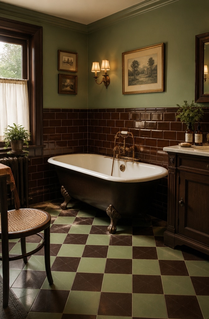 Vintage Brown and Green Bathroom with Retro Flair