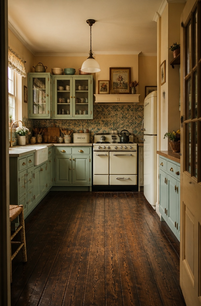 Vintage Charm Kitchen with Dark Brown Floorboards