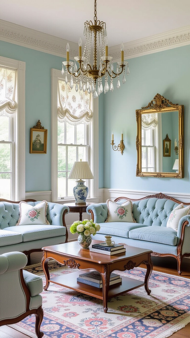 Vintage Chic Light Blue Living Room