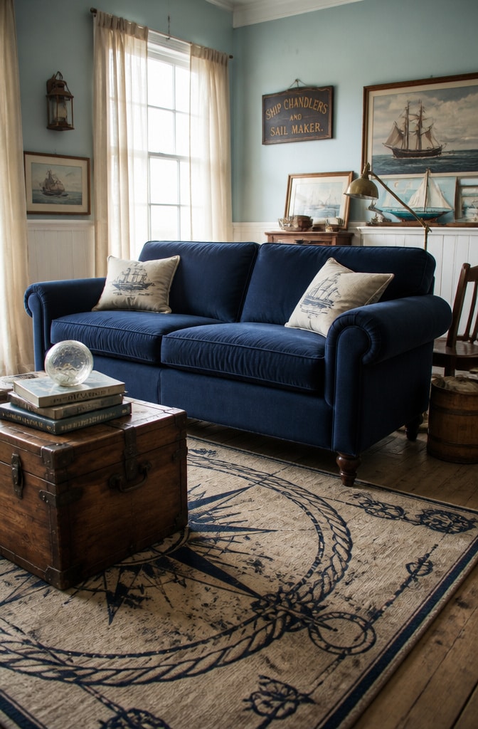 Vintage Coastal Navy Blue Couch Living Room
