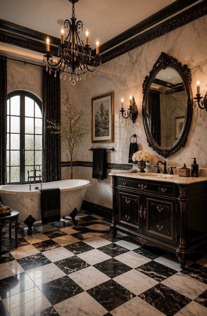 Vintage Glam Black and White Marble Bathroom