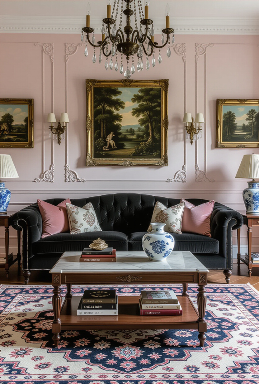 Vintage Glam Black Couch Living Room