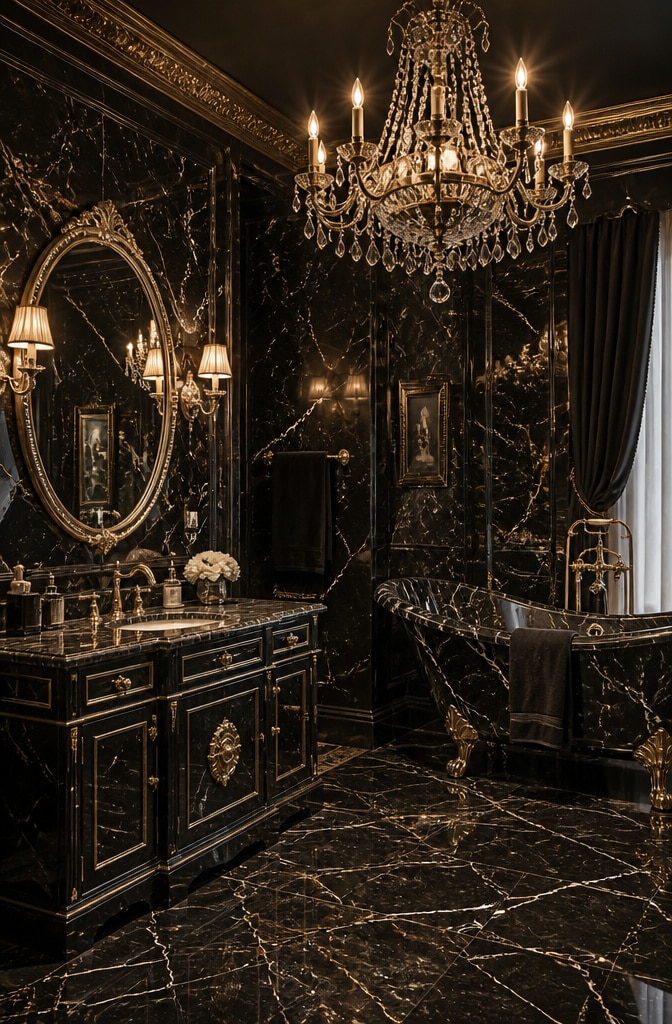 Vintage Glam Black Marble Bathroom