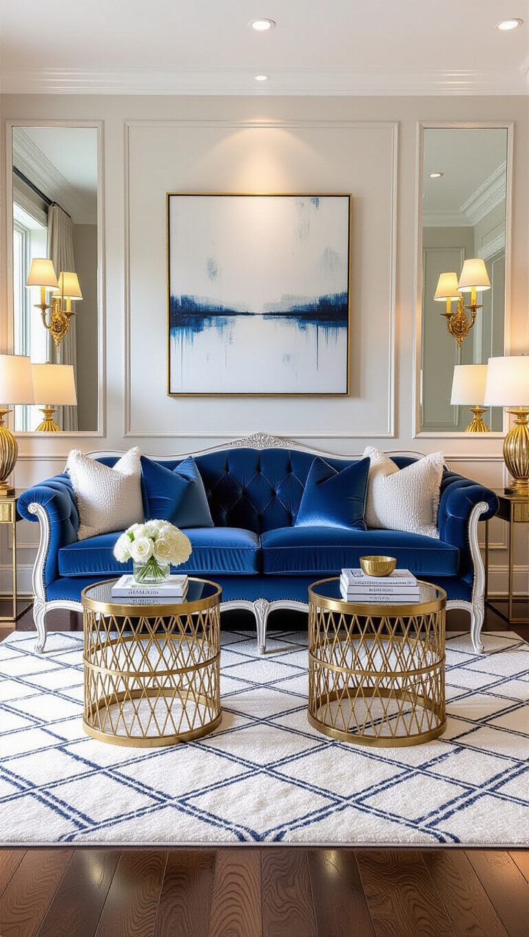 Vintage Glam Blue Velvet Sitting Area