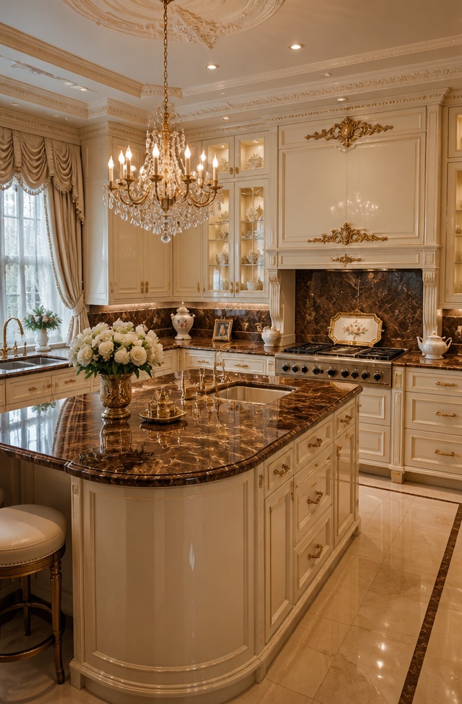 Vintage Glam Brown Marble Kitchen