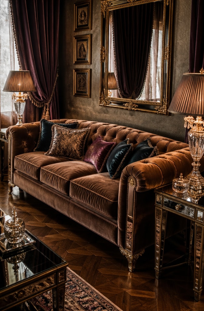 Vintage Glam Brown Sofa Living Room
