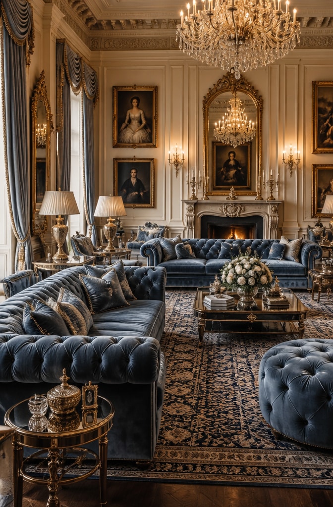 Vintage Glam Dusty Blue Living Room