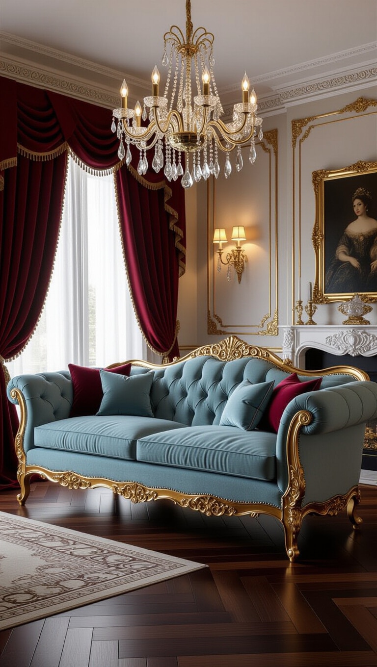 Vintage Glam Light Blue Couch Living Room