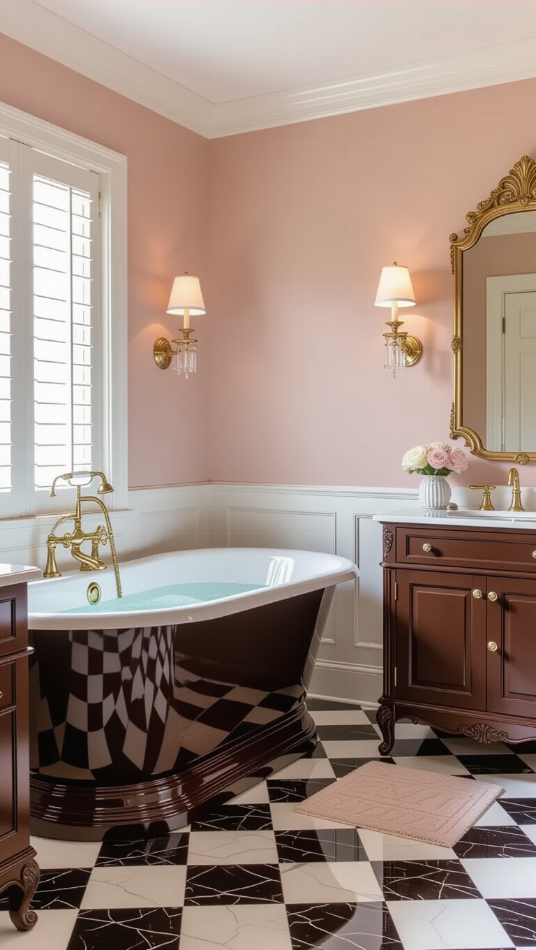 Vintage Glam Pink and Brown Bathroom