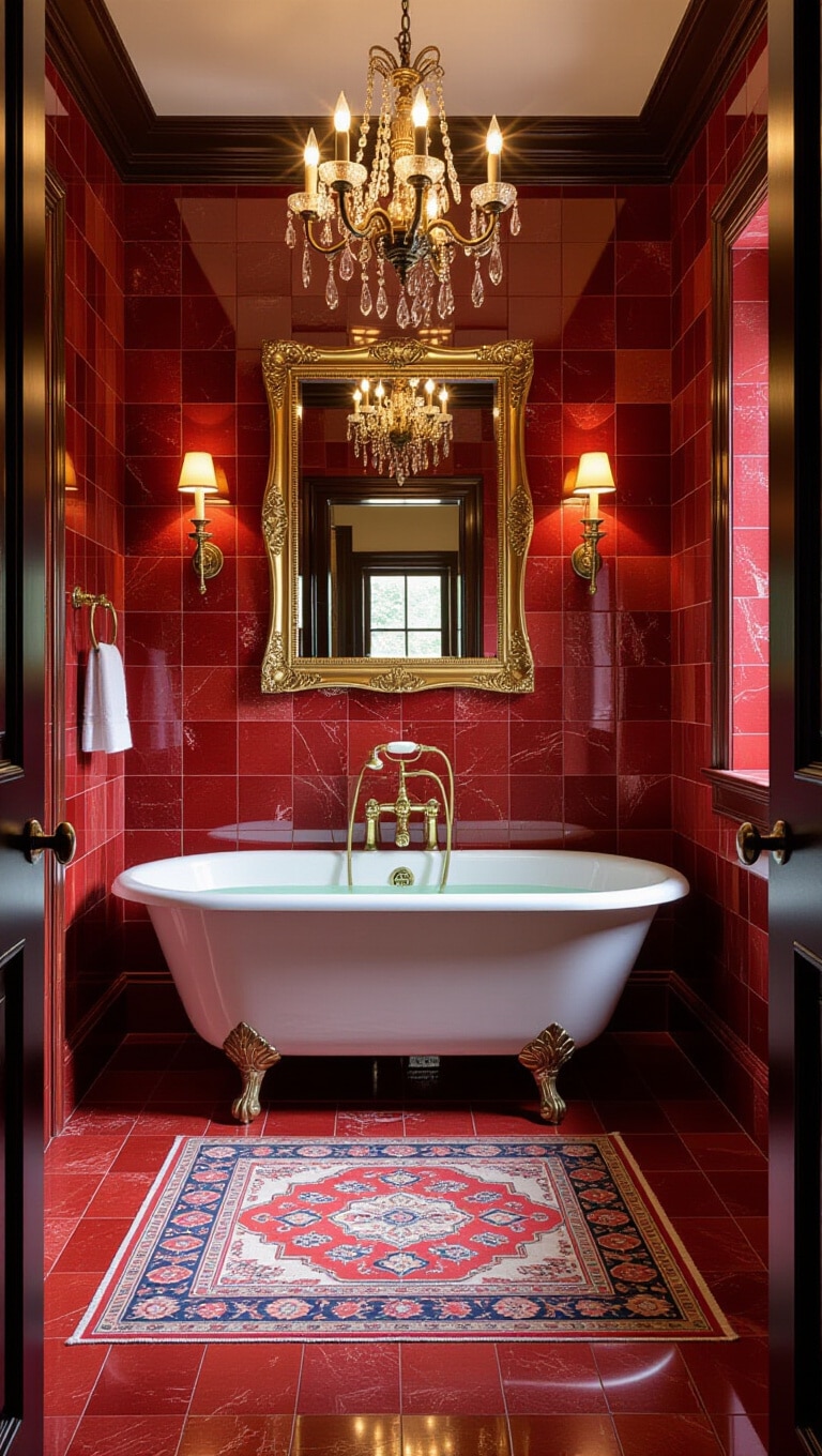 Vintage Glam Red Travertine Bathroom