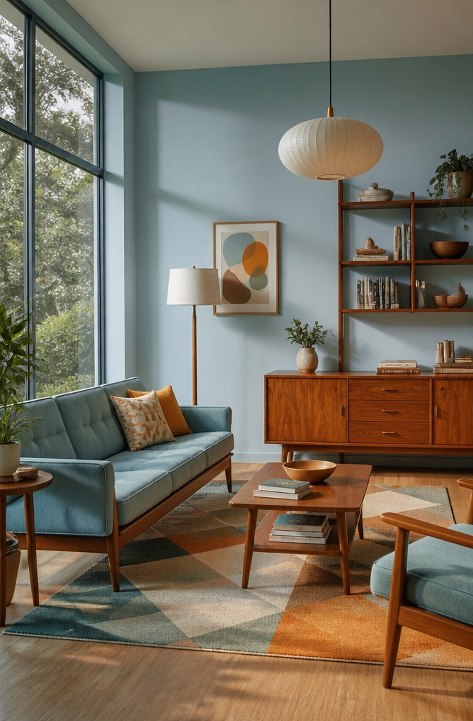 Vintage Mid-Century Light Blue and Brown Living Room