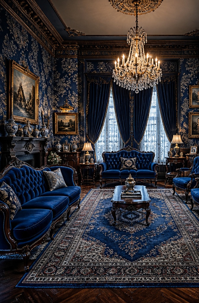 Vintage Moody Blue Victorian Living Room