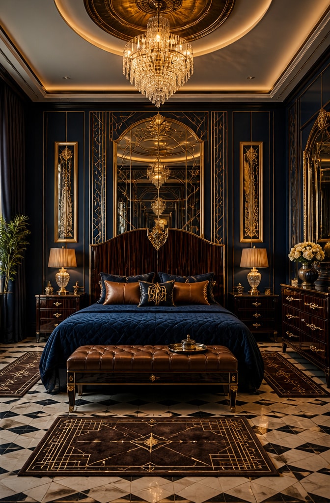 Vintage Navy and Brown Art Deco Bedroom