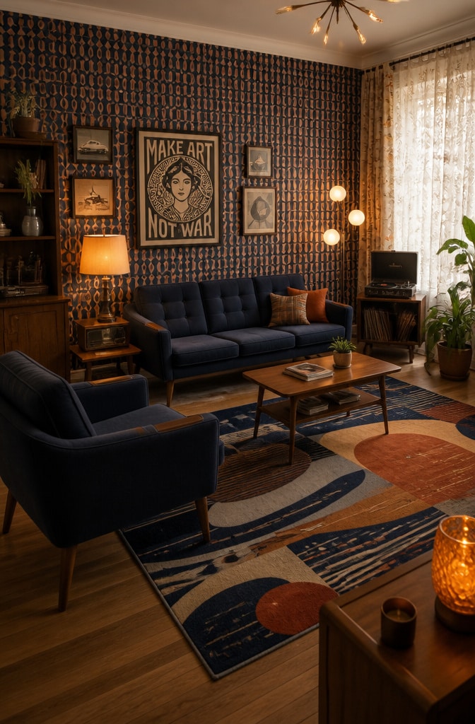 Vintage Navy and Brown Retro Living Room