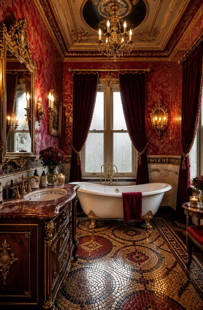 Vintage Red and Gold Glam Bathroom