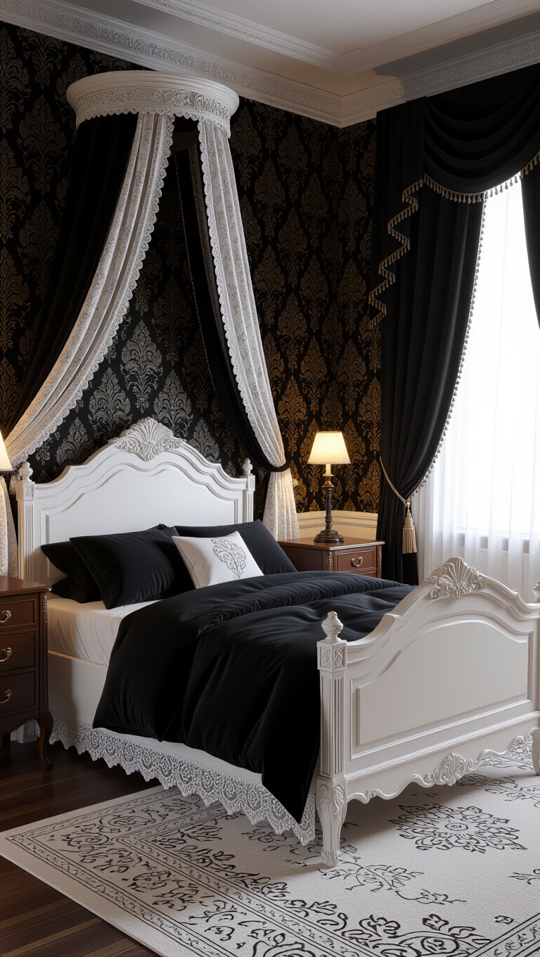 Vintage Victorian Black and White Bedroom