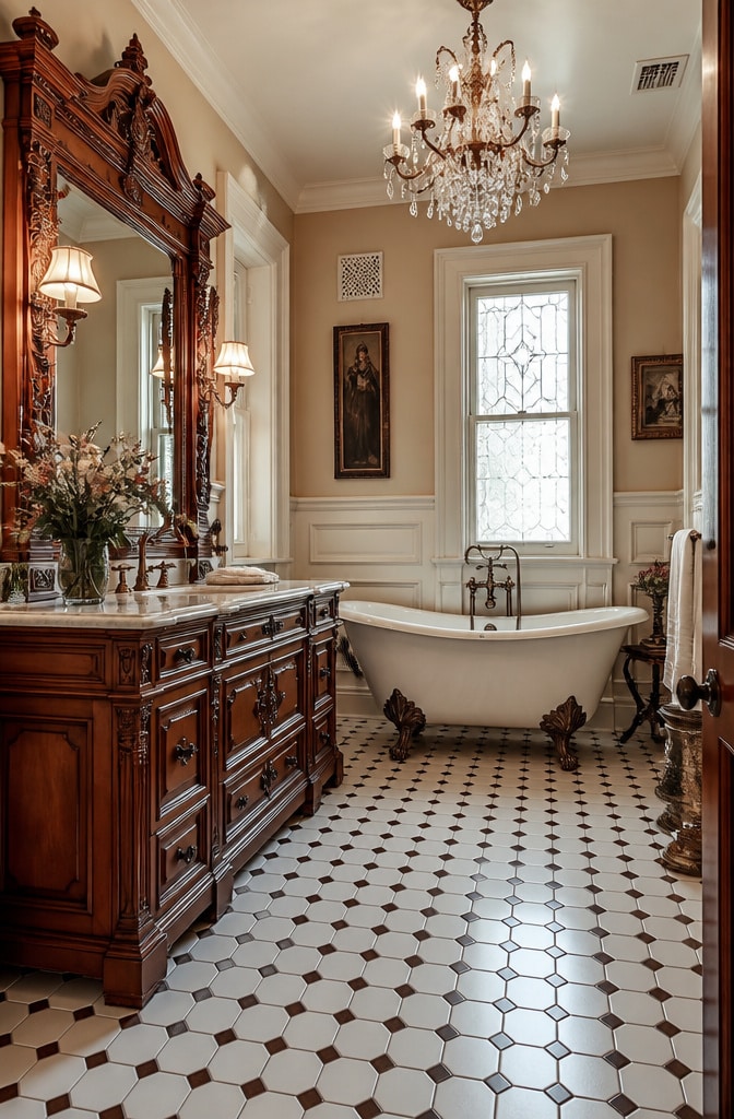Vintage Victorian Brown and White Bathroom
