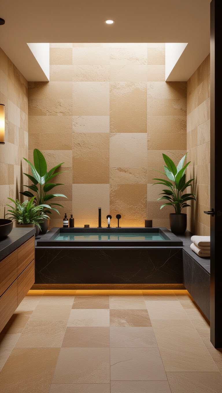 Warm Black and Brown Earthy Spa Bathroom