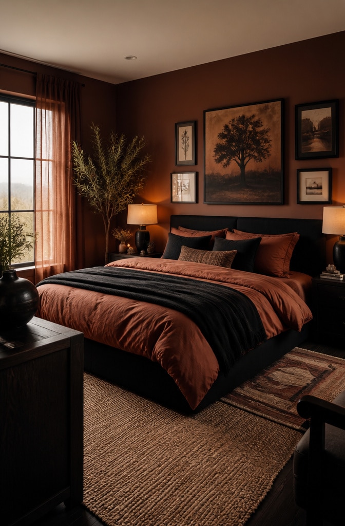 Warm Black and Burnt Sienna Earth Tone Bedroom