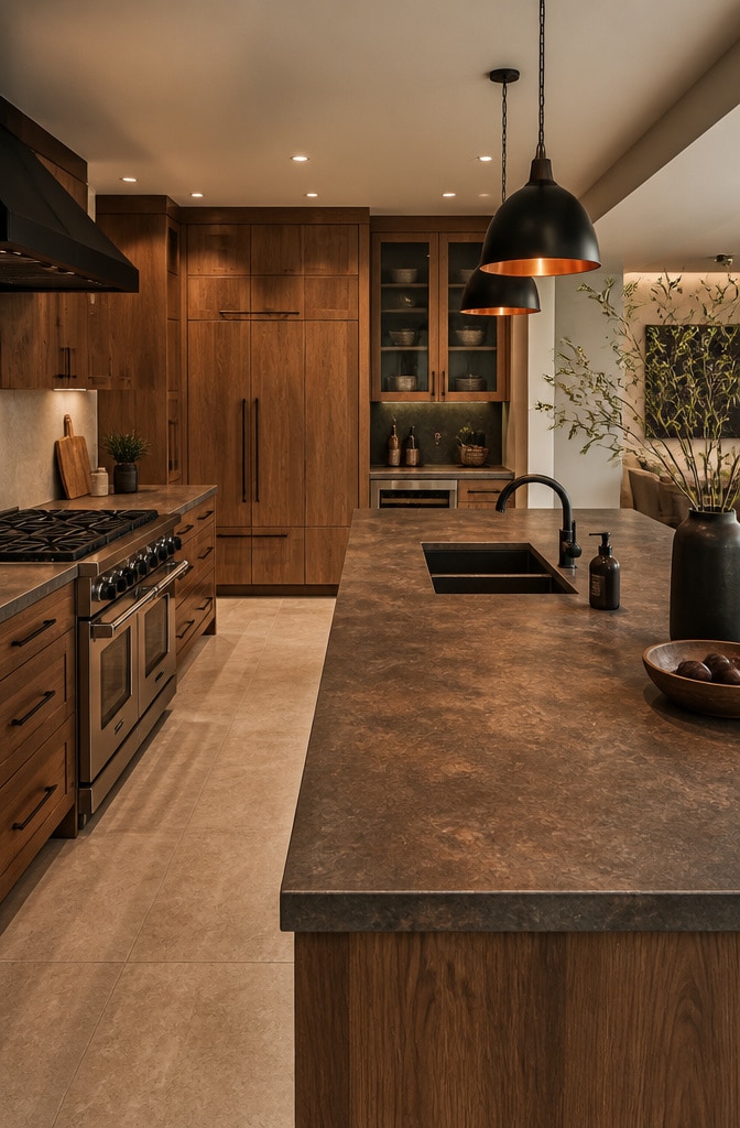 Warm Brown Leathered Stone Countertops Kitchen
