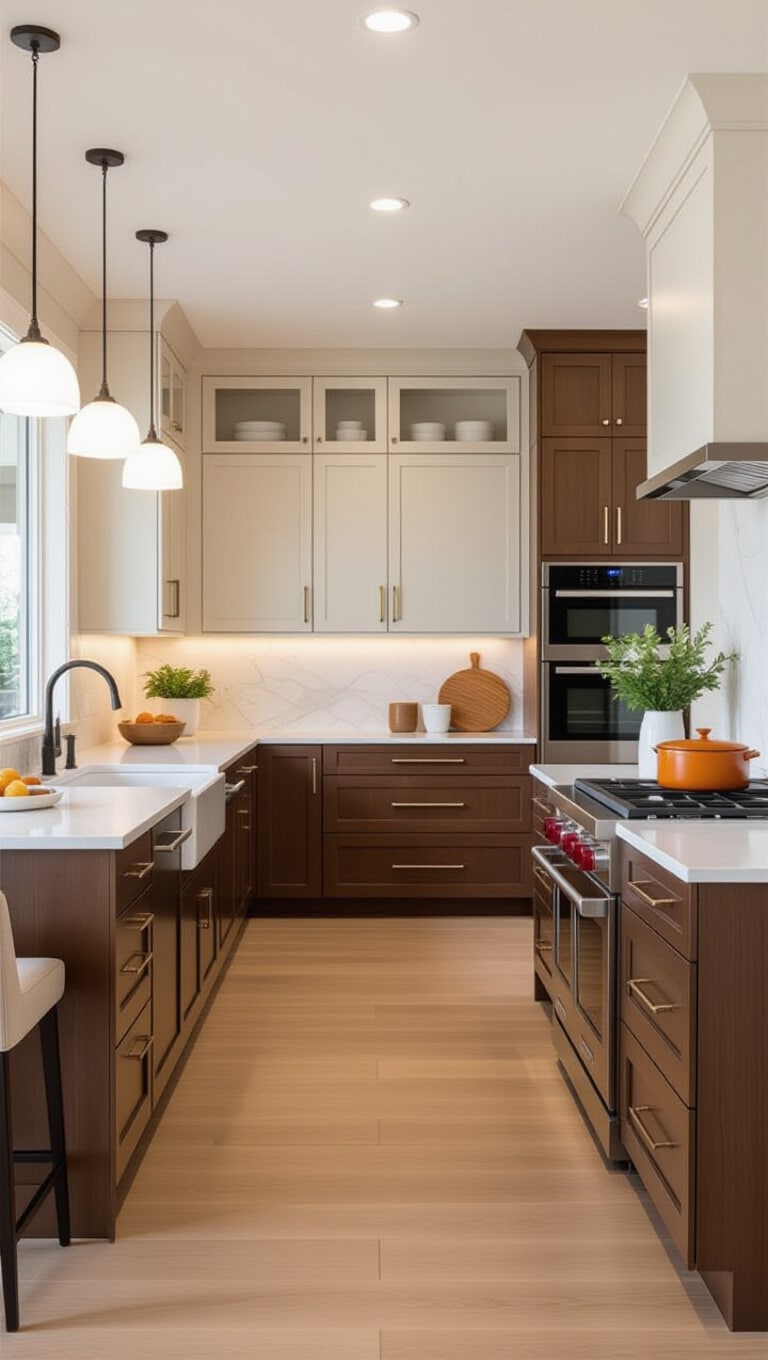 Warm Contemporary Brown and Cream Kitchen Cabinets