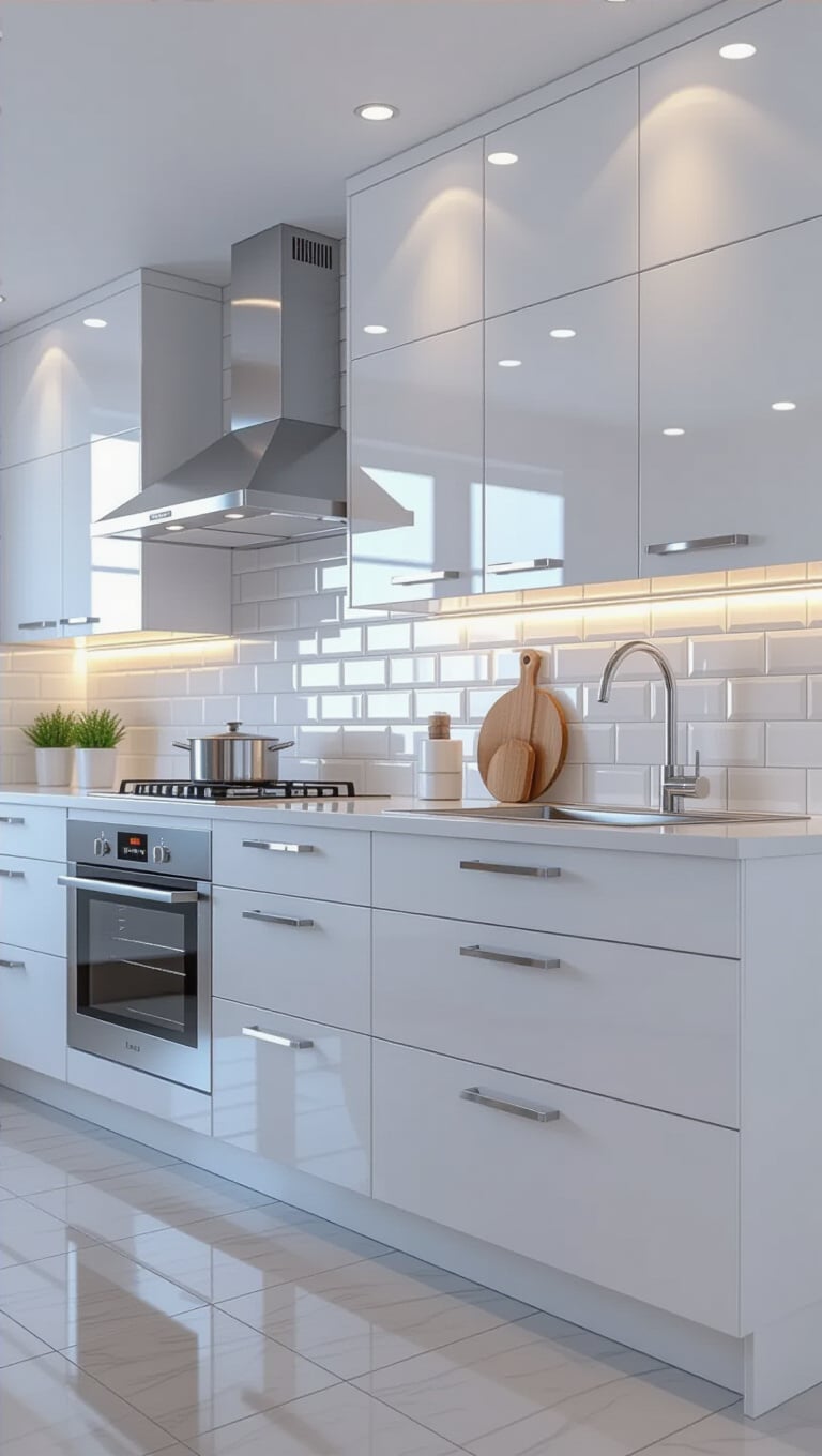 White Glossy Brick-Style Kitchen Tiles