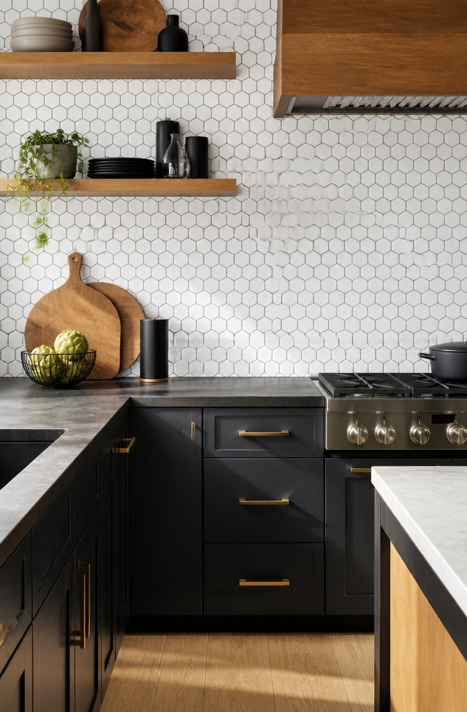 White Hexagonal Porcelain Tile Splashback