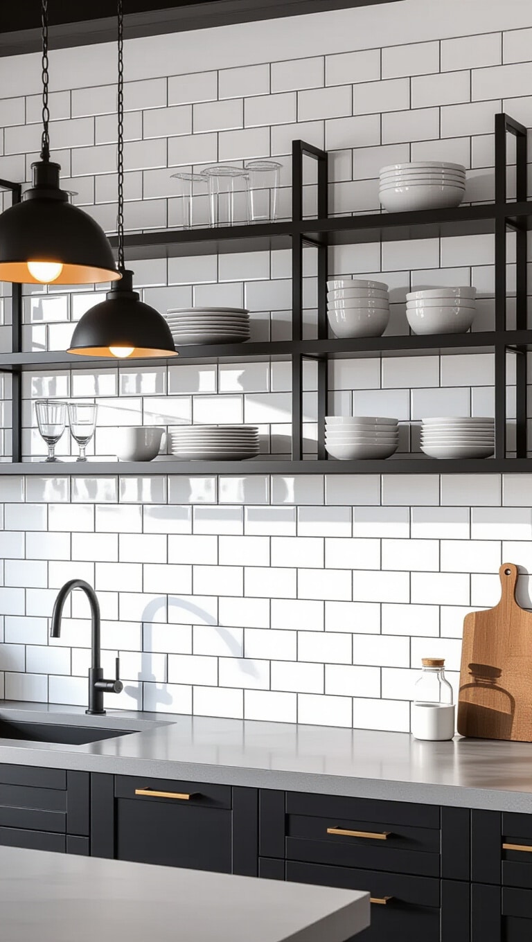 White Textured Subway Tiles with Dark Grout