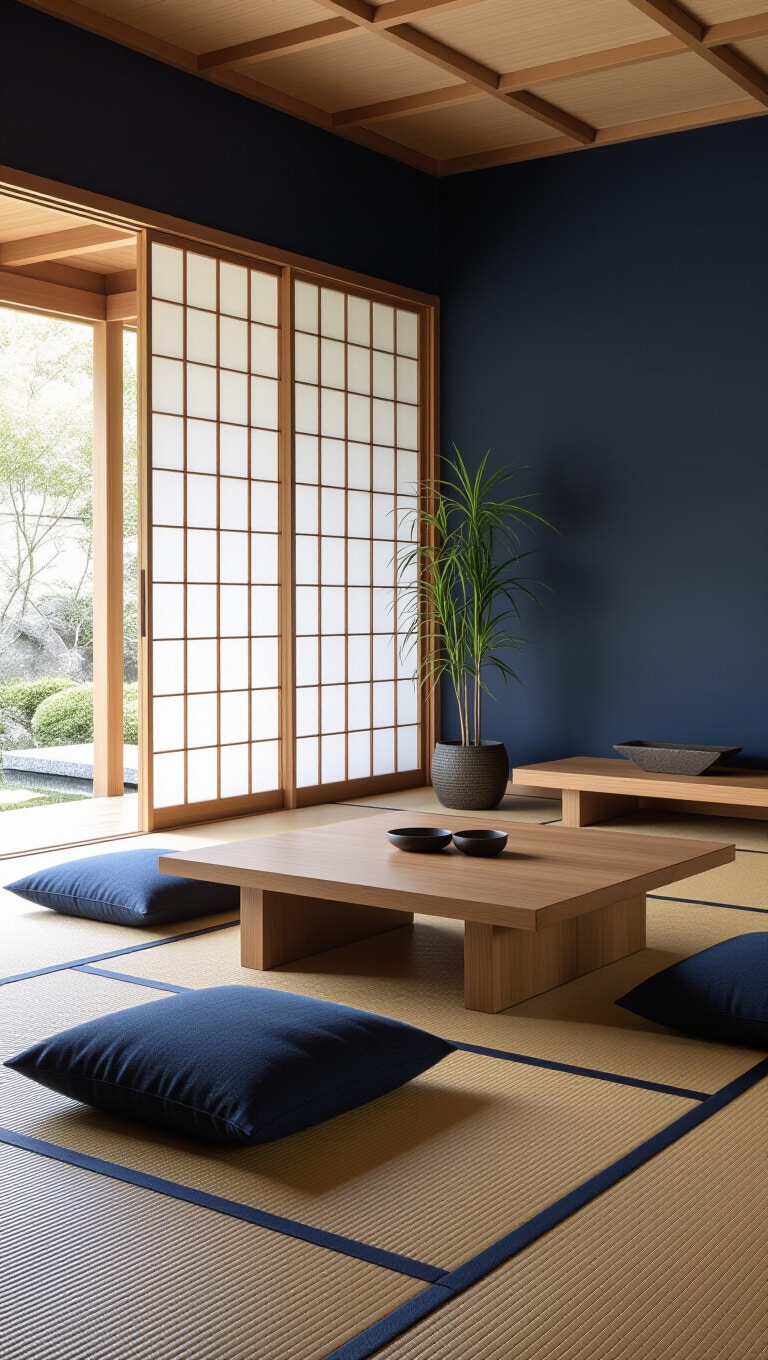 Zen-Inspired Dark Blue Living Room