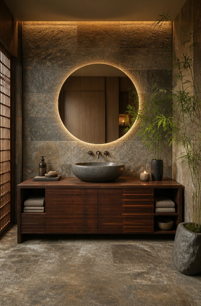 Zen-Inspired Dark Brown Vanity with Natural Elements
