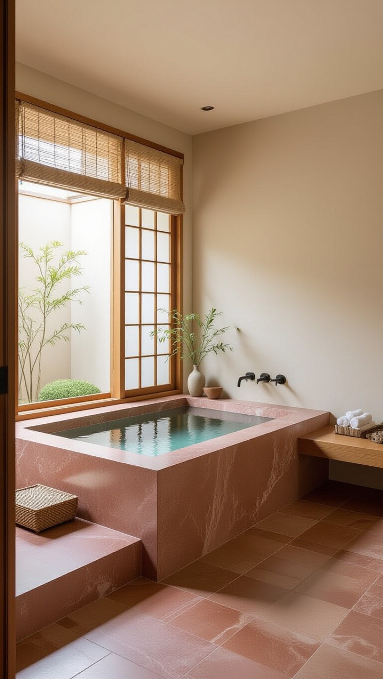 Zen Red Travertine Minimal Sanctuary Bathroom