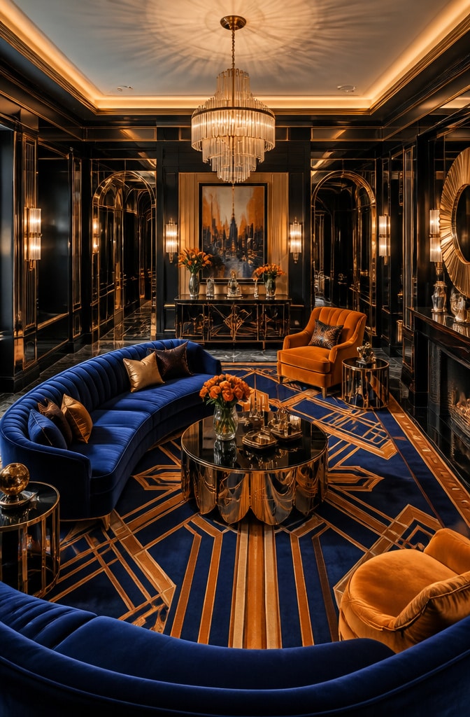 Art Deco Blue and Orange Glam Living Room