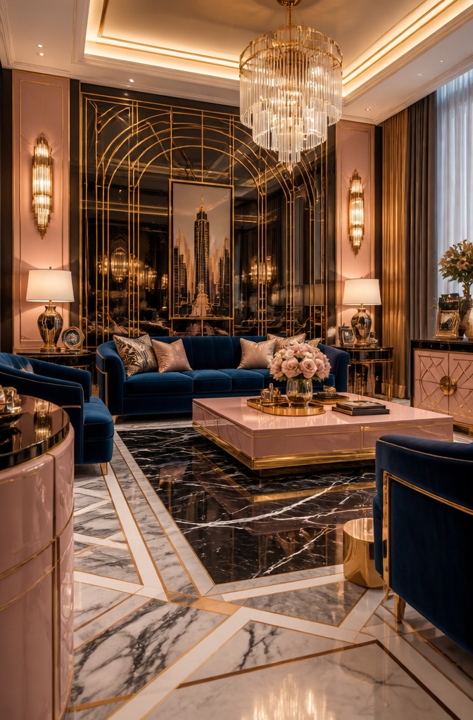 Art Deco Blue and Pink Luxe Living Room