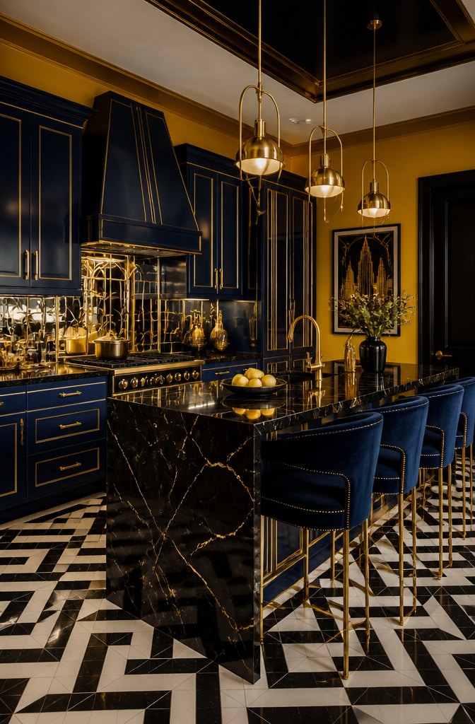 Art Deco Blue and Yellow Glam Kitchen