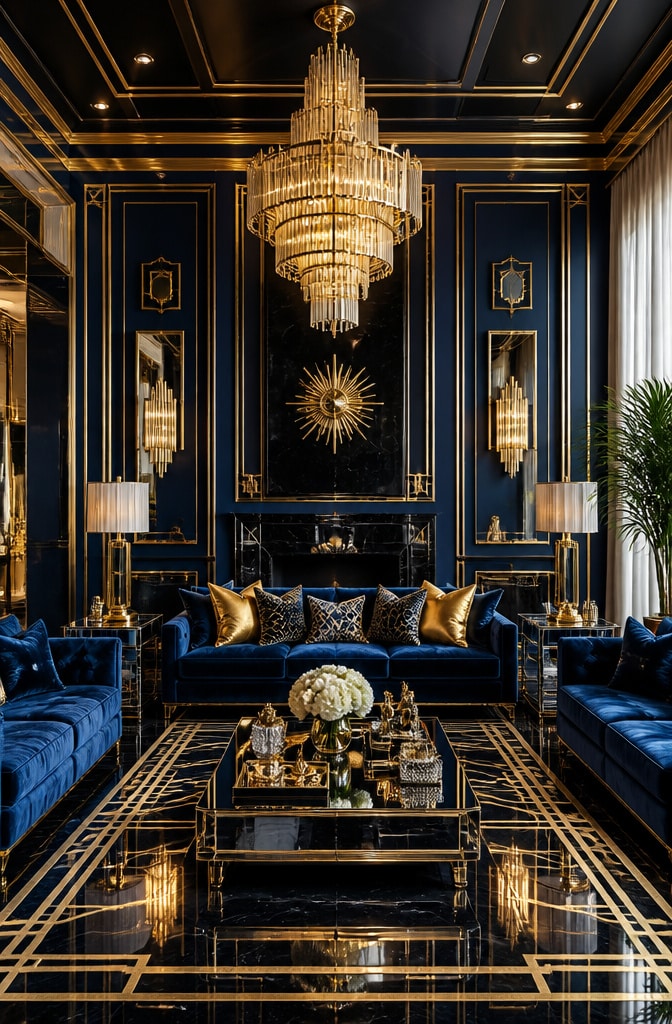 Art Deco Blue Glam Living Room