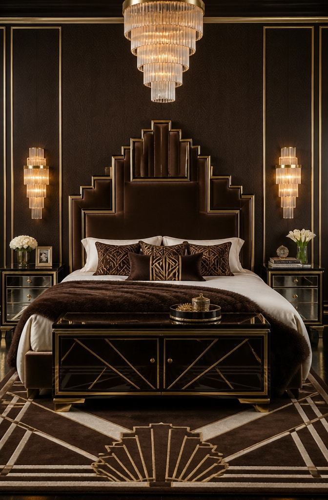 Art Deco Brown Bedroom with Metallic Highlights