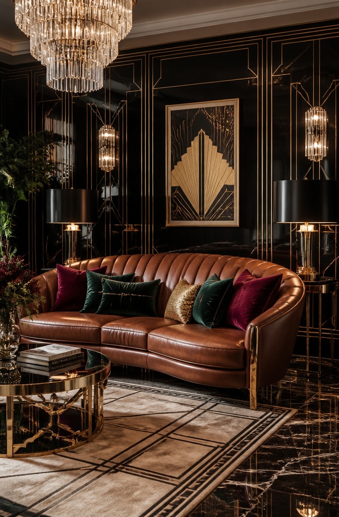 Art Deco Brown Leather Sofa Living Room