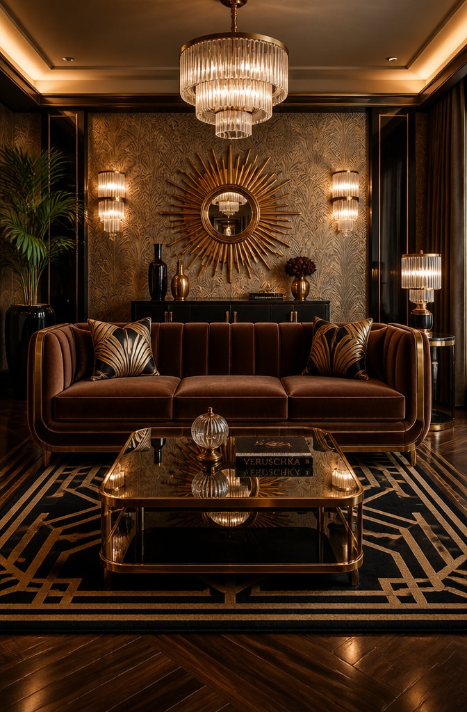 Art Deco Chocolate Brown Couch Living Room