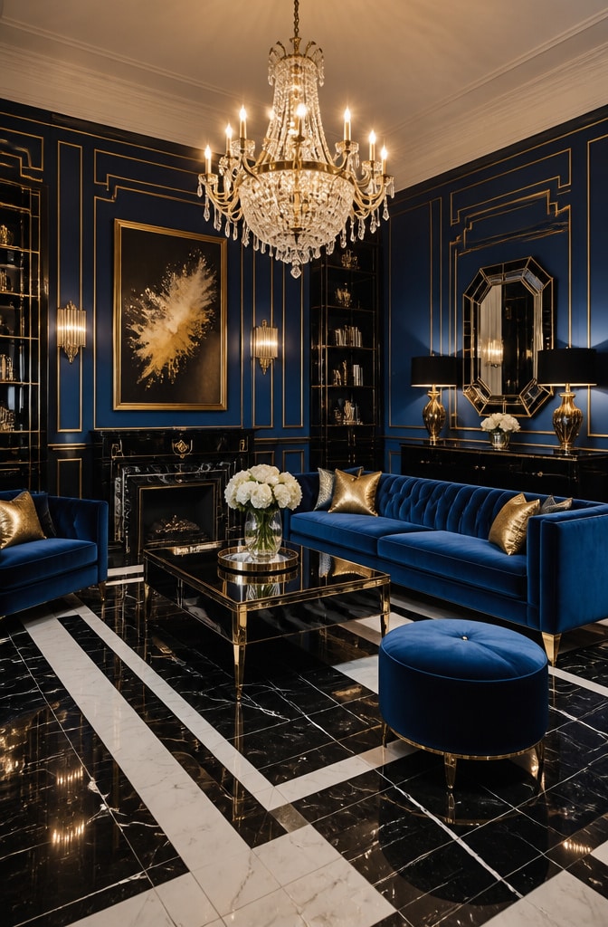 Art Deco French Blue Glam Living Room
