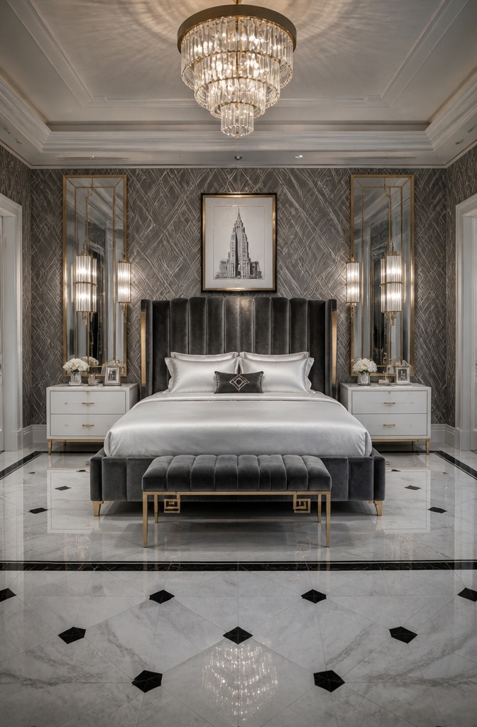 Art Deco Grey and White Bedroom