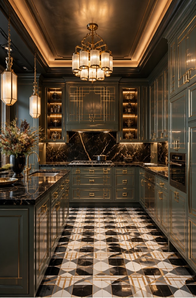 Art Deco Inspired Pewter Green Cabinets