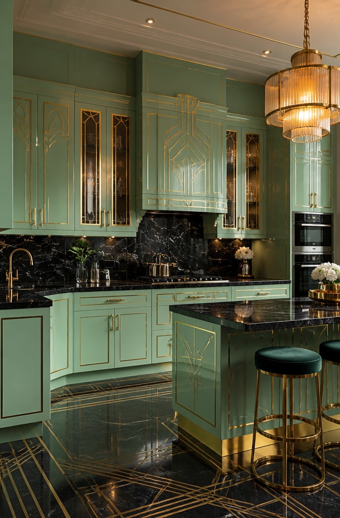 Art Deco Mint Green Kitchen Cabinets